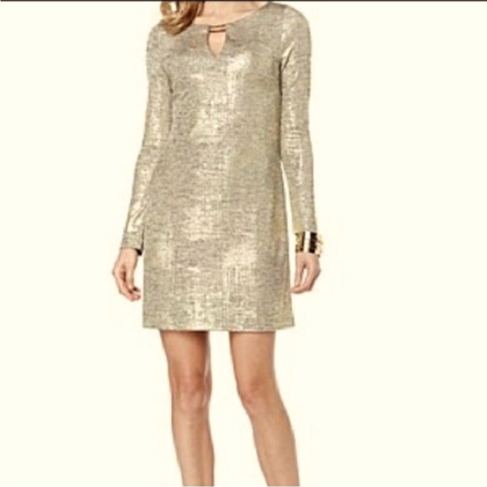 Vince Camuto Metallic Gold Long Sleeve Shift Dress